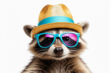 Funny party raccoon wearing colorful summer hat and stylish sunglasses isolated over white background