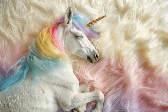 Sleeping Unicorn, studio portrait, hyper real, photorealism, rainbow unicorn, fantasy, fur, fluffy background, lying on fur rug, soft white fluffy fabric