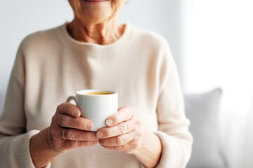 Close up of elderly woman holding a mug of coffee or tea on sofa