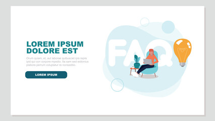 Adobe Illustrator ArtworkVektor-Illustration der Buchstaben FAQ, daneben eine Gl&uuml;hbirne, im Vordergrund eine Frau, die auf einer Couch mit ihrem Laptop sitzt - Inspiration und Innovation Konzept