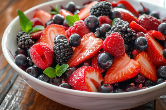 close up of fresh fruit-berry salad in the bowl, healthy breakfast.