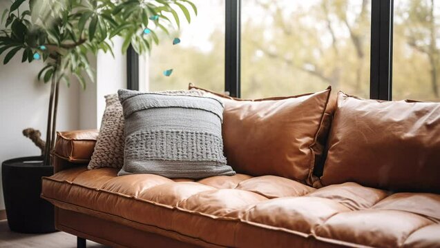 Comfortable Chic: A modern room featuring a cozy sofa, blending contemporary style with inviting comfort Seamless looping 4k time-lapse virtual video animation background. Generated AI