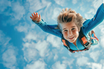 positive happy kid parachutist in free fall blue sky.