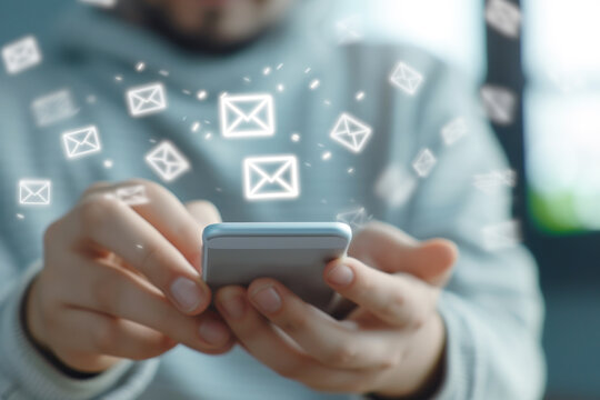 Person use smartphone with virtual Email icons for Send bulk documents via email.