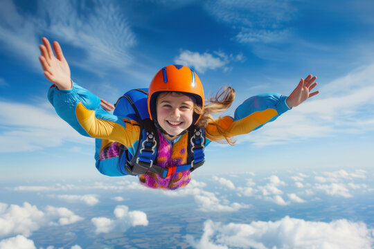 positive happy kid parachutist in free fall blue sky.