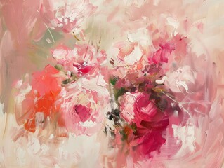 A painting of pink flowers arranged in a clear glass vase against a neutral background