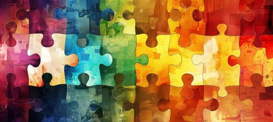 Colorful abstract puzzle pieces with watercolor texture, symbolizing connection and diversity.