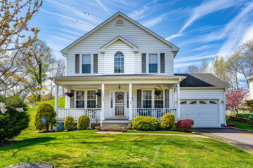 Fototapeta na wymiar White two-story home with front porch and garage, green grass in the yard, trees and flowers