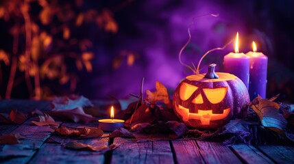 Spooky purple light wooden bench with scary Jack O' Lantern on a scary halloween night