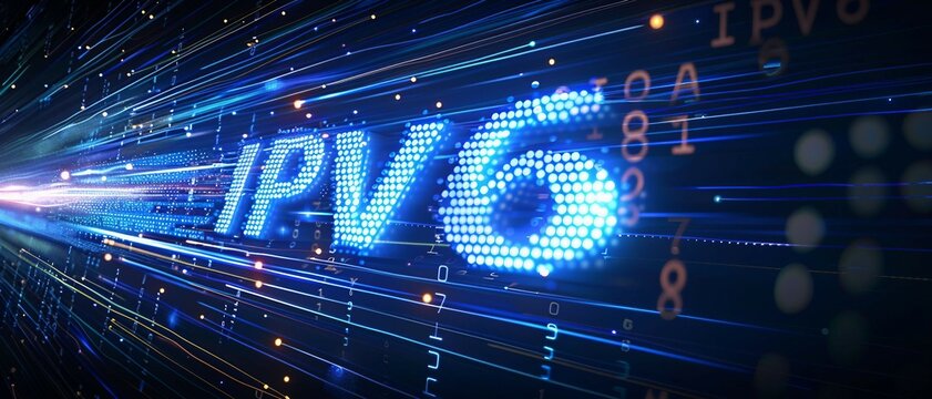 Digital blue matrix binary code forms the acronym IPv6 , symbolizing the concept of Internet Protocol version 6.
