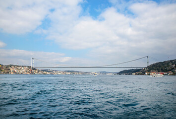 Istanbul, view from the Bosphorus with Europe on the left and Asia on the right.