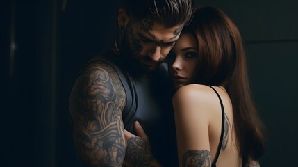 Tattooed couple in love. Handsome tattooed man and beautiful young woman.Generated by AI