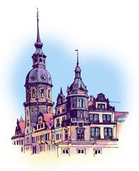 Fototapeta premium Architecture sketch illustration. An urban colorful landscape of Dresden Castle, Germany. Historical building line art. Freehand digital drawing. Hand drawn travel postcard, banner, posteг.