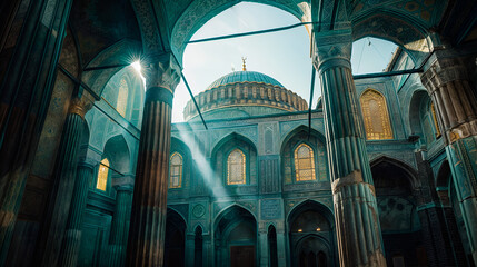 a blue mosque with a green dome, surrounded by arches and pillars - obrazy, fototapety, plakaty