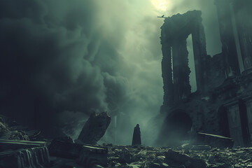 lone figure standing amidst the ruins, gazing up at the heavens as darkness descends - obrazy, fototapety, plakaty