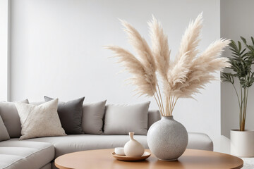 Pampas grass in decorative ceramic vase on table near gray sofa and white wall