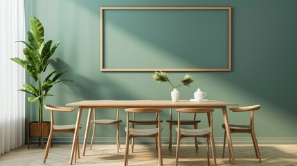 Frame mockup. Wooden dining table and chairs with a green wall in the background. Modern home interior
