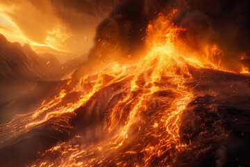 Rivers of fire cascading down from the heavens, engulfing the earth in flames