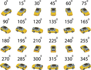 A set of 24 pixel car from different angles. Rotation of the car in pixel art style by 15 degrees for animation.  