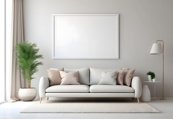 Minimalist living room, blank white poster frame on wall, generative AI