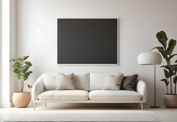 A minimalist living room with  blank white poster frame on a plain wall, generative AI