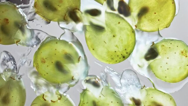The ripe berries of white grapes are crushed with the release of juice under a microscope. Macro. Slow motion