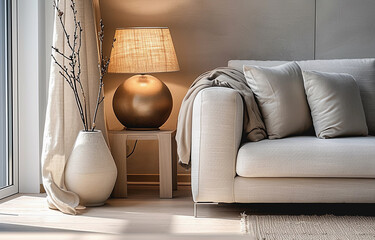 Close up Lamp  and Sofa. Modern Interior background