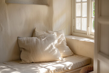 Close-up photo of a comfortable daybed nestled in a sunlit corner, offering the perfect sanctuary for a rejuvenating siesta, minimalistic style,
