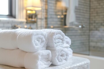 Stack of clean white towels in bathroom 