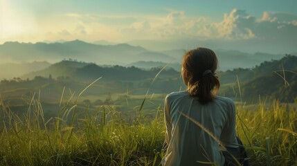 whide shot, woman looking away from the camera to the wide nature, mountains, clouds, sun, copy space, 16:9