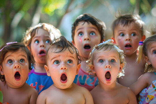 photo of group of babies looking shocked and surprised, mouths open, funny expressions, outdoors