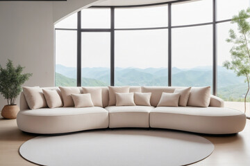 Puffy curved sofa in spacious room. Minimalist home interior design of modern living room