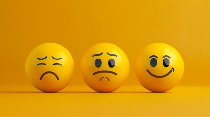 Three yellow smiley faces in one picture, one serious, one sad and one laughing, yellow background, copy space, 16:9