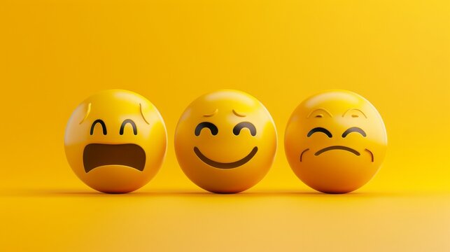 Naklejki Three yellow smiley faces in one picture, one serious, one sad and one laughing, yellow background, copy space, 16:9