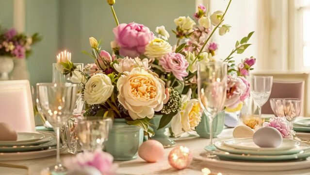 Easter tablescape decoration, floral holiday table decor for family celebration, spring flowers, Easter eggs, Easter bunny and vintage dinnerware, English country and home styling