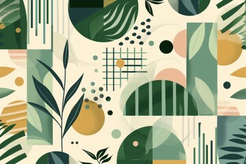 Abstract floral and geometric pattern design. A modern, abstract design intertwining floral elements with geometric shapes in a pastel color palette, creating a visually harmonious composition