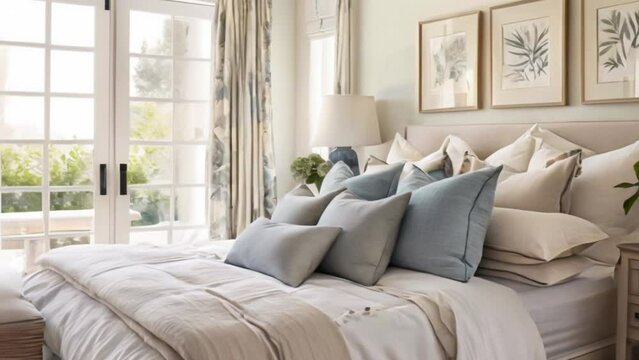 White coastal cottage bedroom decor, interior design and home decor, bed with elegant bedding and bespoke furniture, English country house and holiday rental