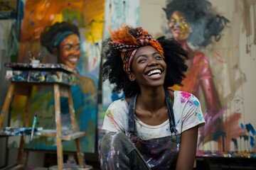 Woman Sitting in Front of a Painting on an Easel