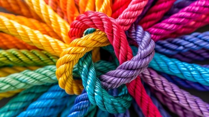 Diverse team strength  unity and partnership in a network of connected ropes on colorful background