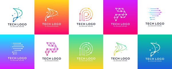 Set of Letter P digital technology logo design collection - obrazy, fototapety, plakaty