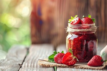 Strawberry jam in the open glass jar aon light wooden table 