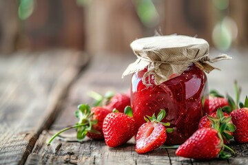 Strawberry jam in the glass jar at wooden table 