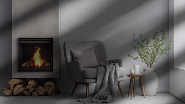Contemporary Comfort: A sleek wooden table paired with modern chairs in a stylishly appointed room, blending comfort wi Seamless looping 4k time-lapse virtual video animation background. Generated AI