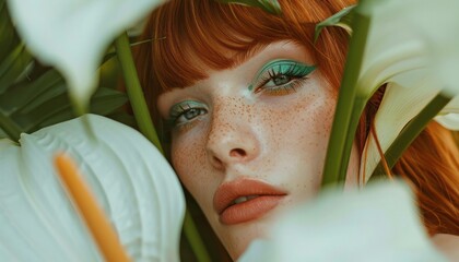 Closeup Photo of Model with Straight Red Hair, Green Eyeshadow, Hiding in flowers, Botanical Photoshoot, macro photo of eyes, makeup, green and red, orchids, exotic, sensual, smouldering, full lips - obrazy, fototapety, plakaty
