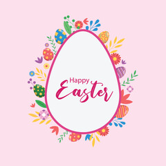 Happy Easter banner, poster, greeting card. Trendy Easter design with typography, bunnies, flowers, eggs, bunny ears, in pastel colors. Modern minimal style