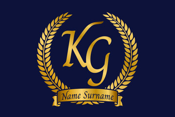 Initial letter K and G, KG monogram logo design with laurel wreath. Luxury golden calligraphy font.