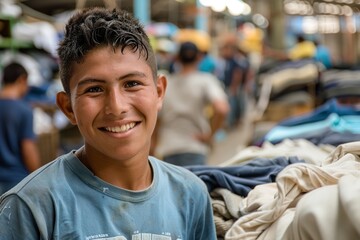 Fototapeta premium Young Boy Smiles in Market