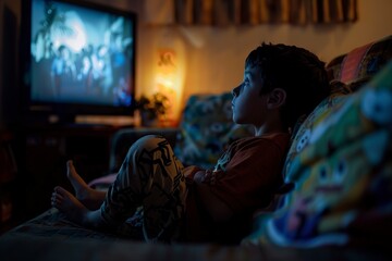 Young Boy Watching TV on Couch