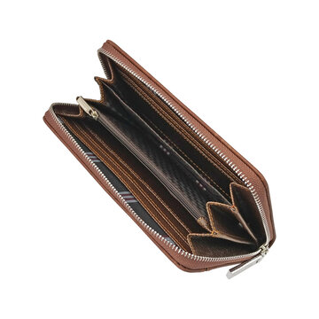 Brown open woman wallet isolated on transparent background. Empty wallet