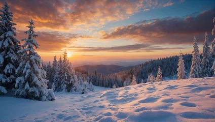 Foto op Canvas A snowy mountain landscape at sunset. © Awais